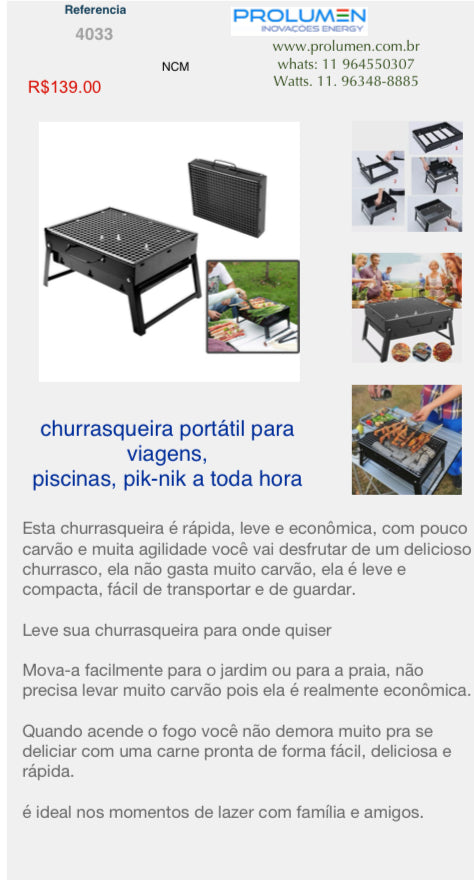 Churrasqueira portátil Maleta jardim, viagens,
piscinas, pik-nik a toda hora